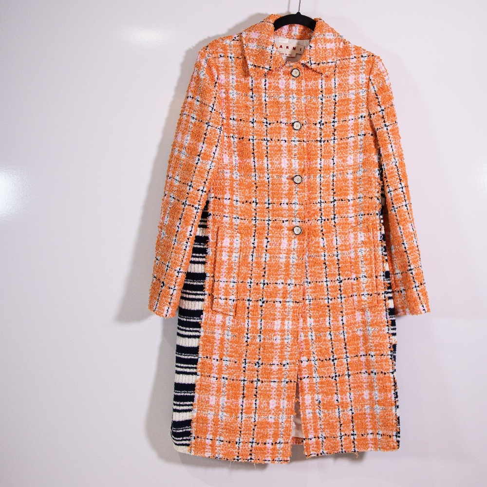 NEW Marni Made In Italy Checked Cotton Blend Tweed And Ribbed Knit Coat Orange 2